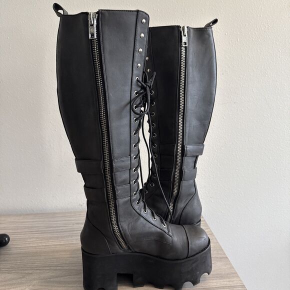 Current Mood Black Leather Tall Combat Platform Boots Lace-Up Zip Womens Size 7 - Picture 8 of 11